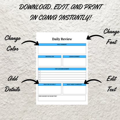 Daily Review Template Printable Daily Reflection Journal Editable Daily Evolution Daily Summary Daily Check In Daily Gratitude Planner