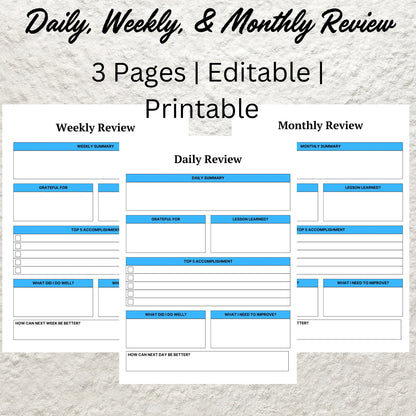 Daily Weekly Monthly Review Template Printable Daily Reflection Weekly Reflection Monthly Reflection Worksheet Gratitude Journal Planner