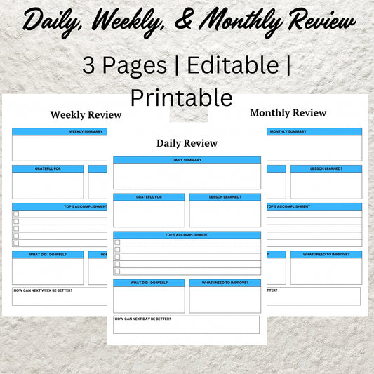 Daily Weekly Monthly Review Template Printable Daily Reflection Weekly Reflection Monthly Reflection Worksheet Gratitude Journal Planner