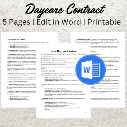 Daycare Contract Template Editable Home Daycare Contract Agreement Printable Childcare Contract Daycare Agreement Childcare Business Forms