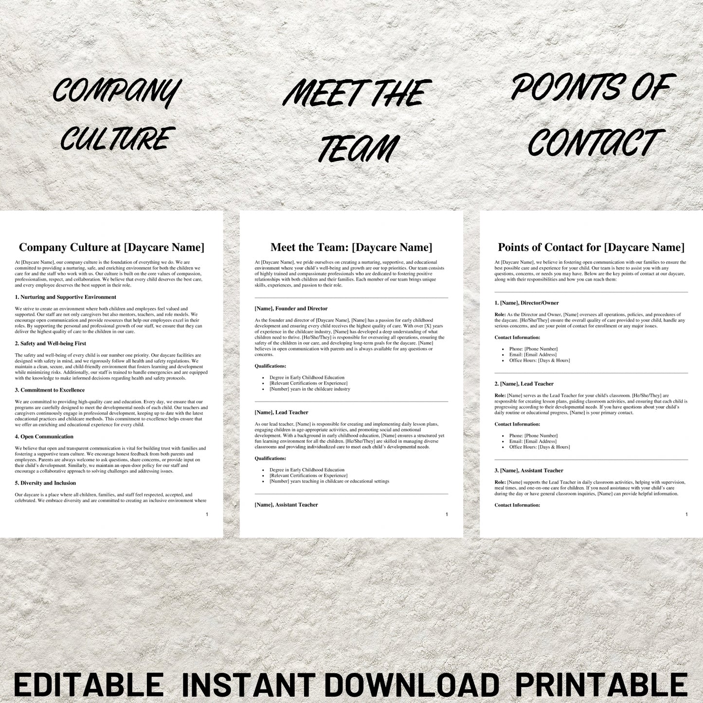 Daycare Employee Handbook Editable Preschool Childcare Staff Handbook Printable Preschool Employee Handbook Childcare Employee Policies Form