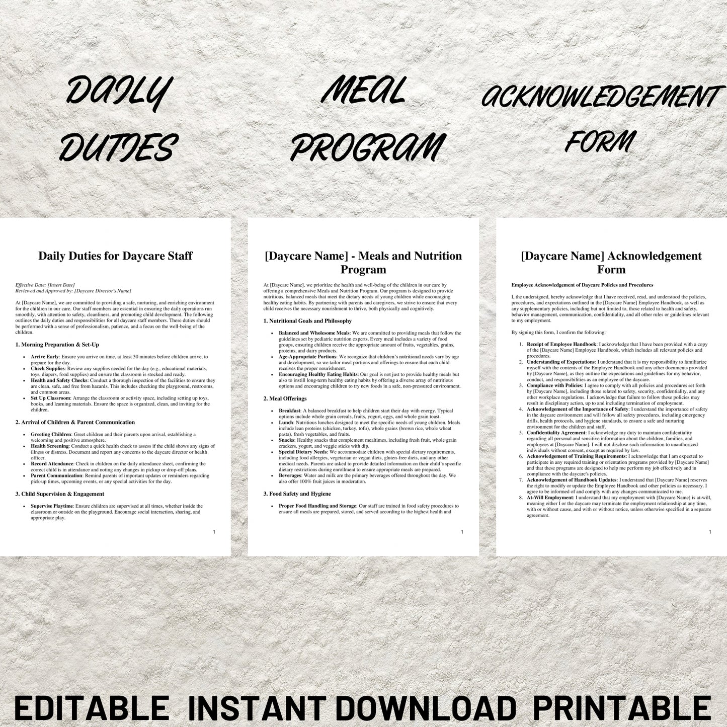 Daycare Employee Handbook Editable Preschool Childcare Staff Handbook Printable Preschool Employee Handbook Childcare Employee Policies Form