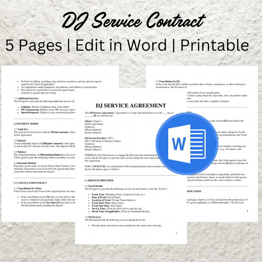 Dj Service Contract Template Editable Dj Service Agreement Printable Wedding DJ Contract Simple Event DJ Contract DJ Business Agreement Form