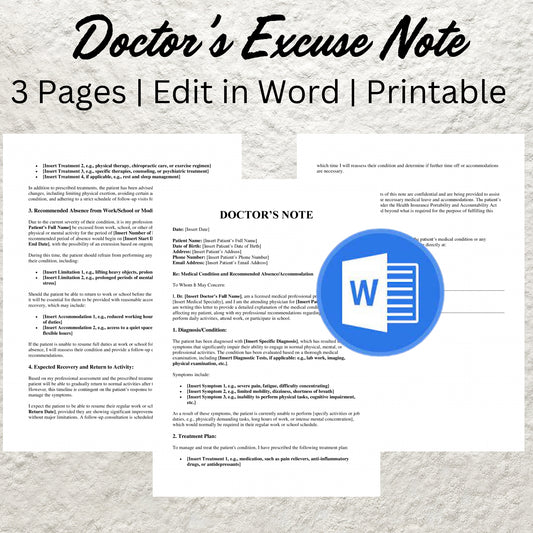 Doctors Note Template Editable Doctor Excuse Note Letter Printable Doctor's Excuse for Work & School Custom Medical Doctor Excuse Letter