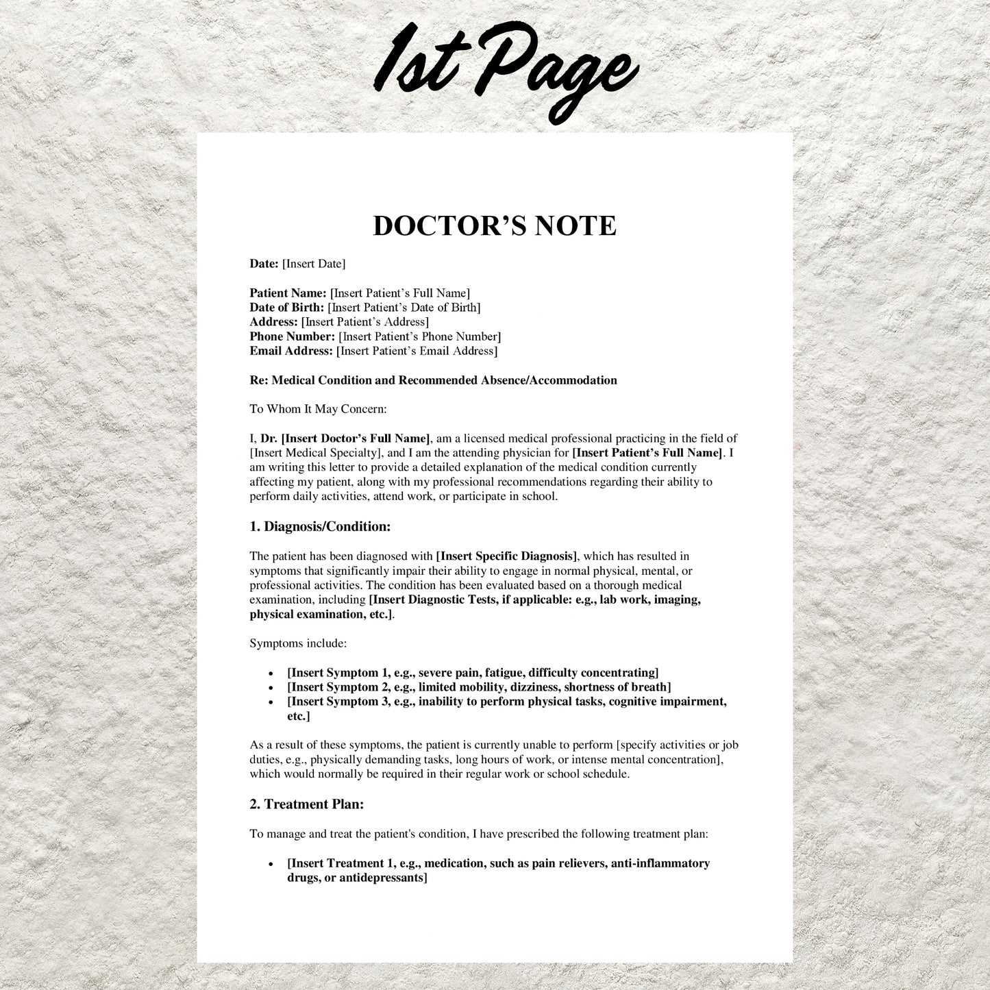 Doctors Note Template Editable Doctor Excuse Note Letter Printable Doctor's Excuse for Work & School Custom Medical Doctor Excuse Letter