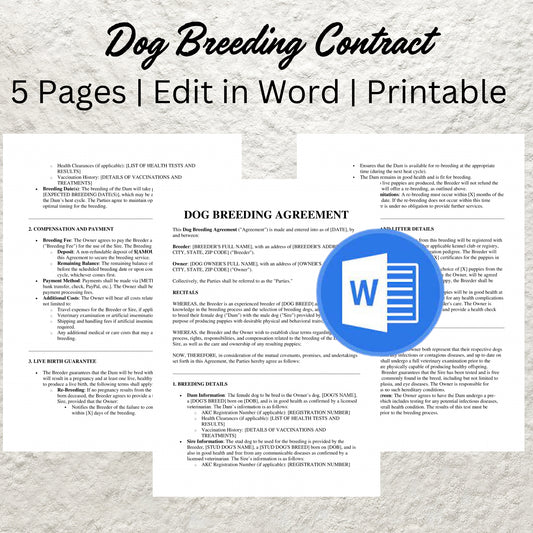 Dog Breeding Contract Template Editable Stud Dog Breeding Service Agreement Printable Dog Owner Breeding Contract Puppy Dog Breeder Contract