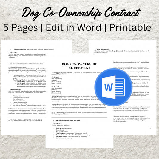 Dog Co-Ownership Contract Template Editable Dog Owner Pet Sharing Agreement Printable Dog Co-Ownership Agreement Dog Breeding Business Form