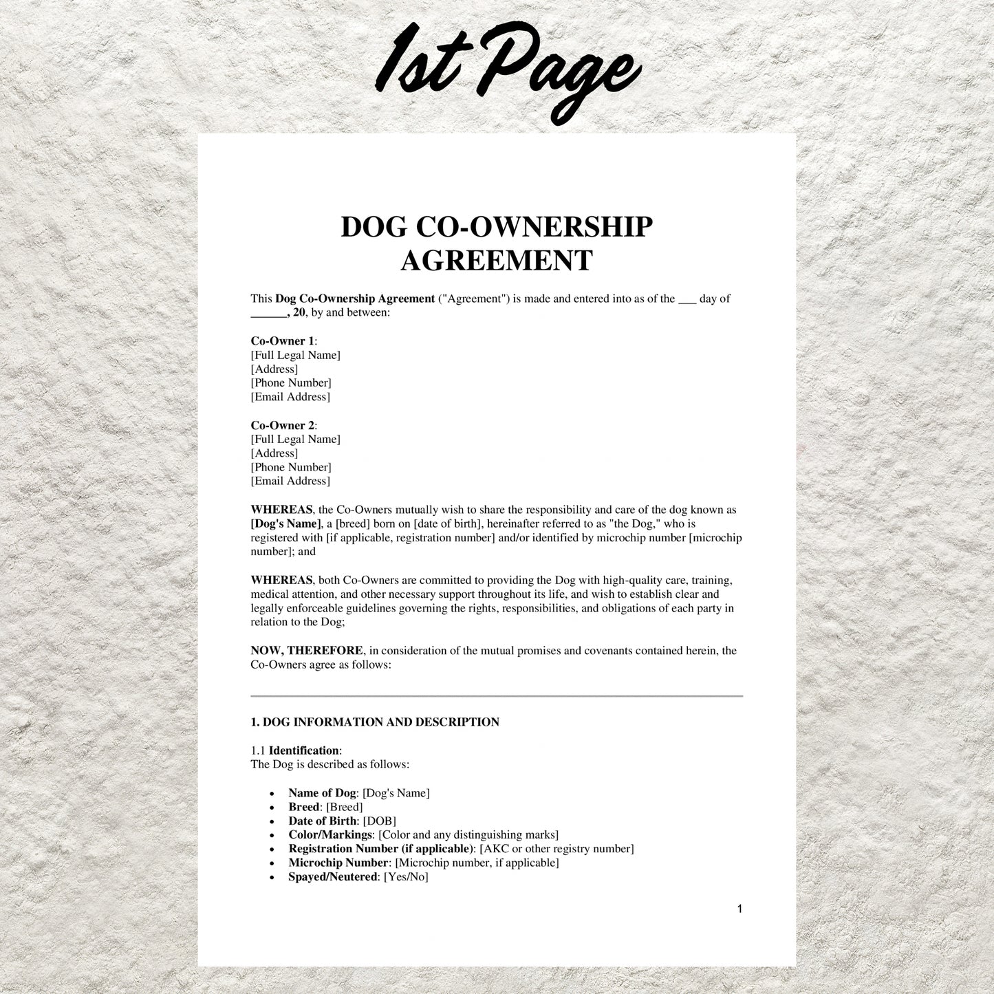 Dog Co-Ownership Contract Template Editable Dog Owner Pet Sharing Agreement Printable Dog Co-Ownership Agreement Dog Breeding Business Form