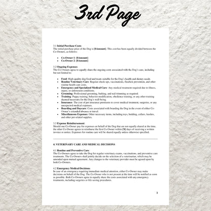 Dog Co-Ownership Contract Template Editable Dog Owner Pet Sharing Agreement Printable Dog Co-Ownership Agreement Dog Breeding Business Form