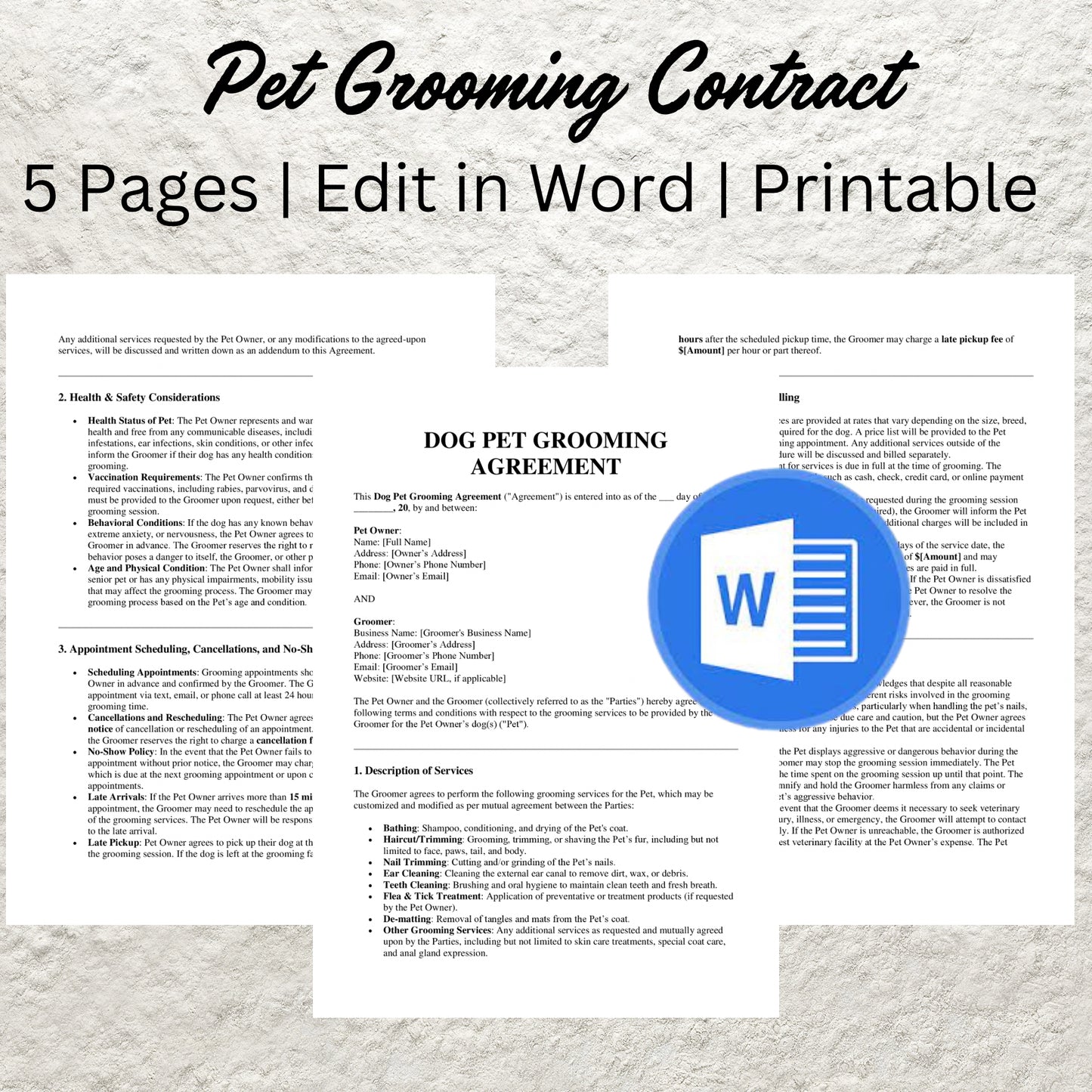 Dog Grooming Contract Template Editable Pet Grooming Service Agreement Form Printable Dog Groomer Client Intake Form Pet Grooming Business