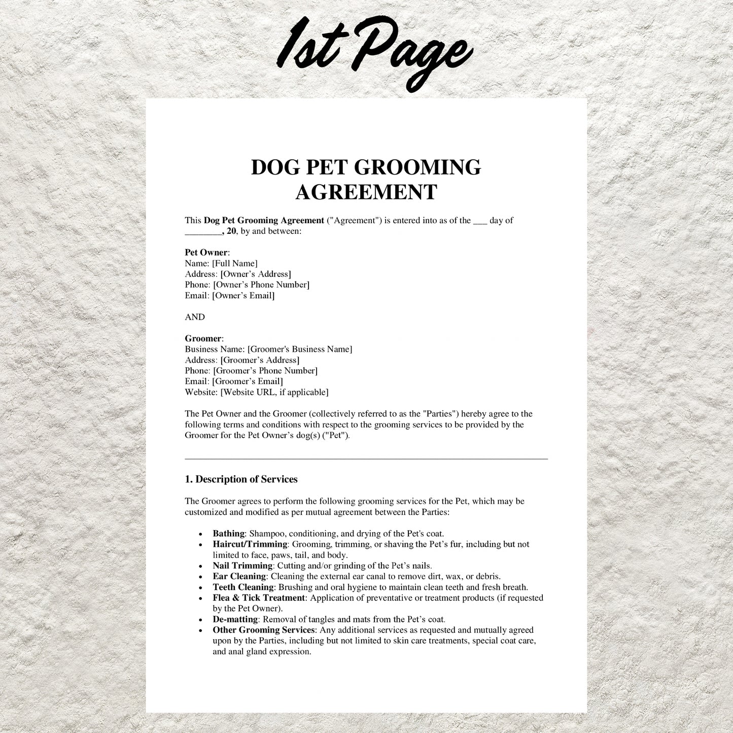 Dog Grooming Contract Template Editable Pet Grooming Service Agreement Form Printable Dog Groomer Client Intake Form Pet Grooming Business