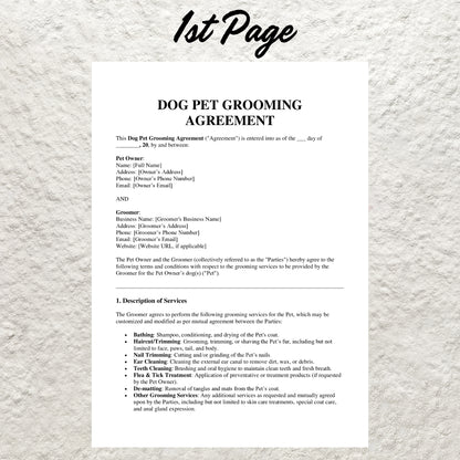 Dog Grooming Contract Template Editable Pet Grooming Service Agreement Form Printable Dog Groomer Client Intake Form Pet Grooming Business