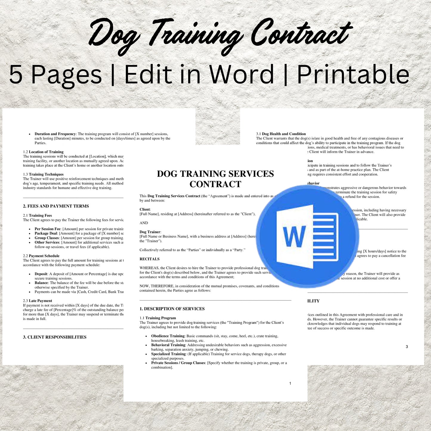 Dog Training Service Agreement Template Editable Dog Training Contract Printable Dog Trainer Contract Pet Training Business Client Forms