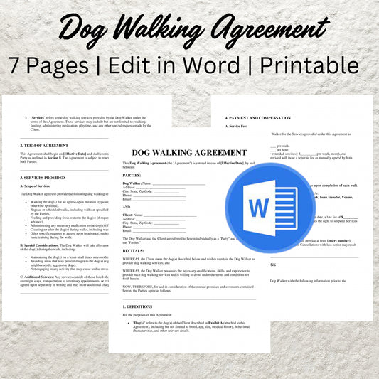 Dog Walking Contract Template Editable Dog Walking Service Agreement Form Printable Dog Walker Service Contract Agreement Pet Sitter Form