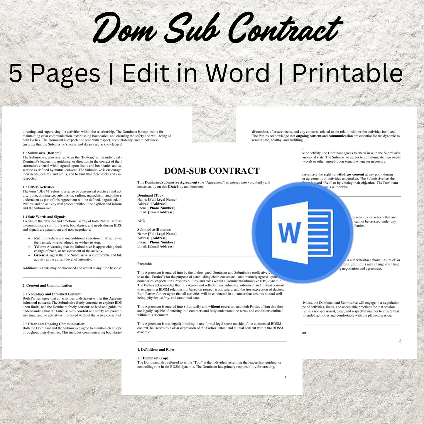 Dom Sub Contract Template Editable Dominatrix Service Agreement Printable BDSM Contract Submissive Agreement Dominatrix Forms Mutual Consent