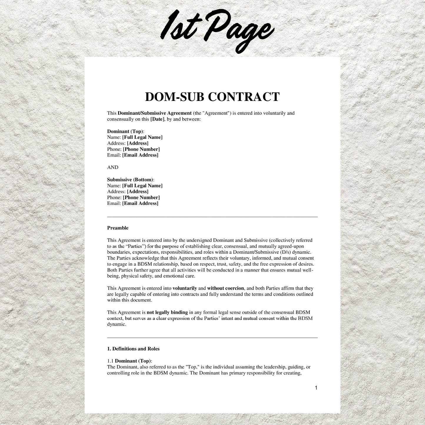 Dom Sub Contract Template Editable Dominatrix Service Agreement Printable BDSM Contract Submissive Agreement Dominatrix Forms Mutual Consent