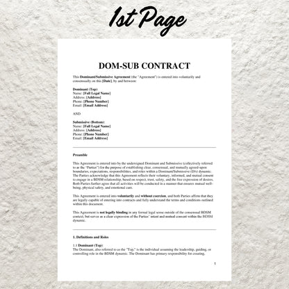 Dom Sub Contract Template Editable Dominatrix Service Agreement Printable BDSM Contract Submissive Agreement Dominatrix Forms Mutual Consent