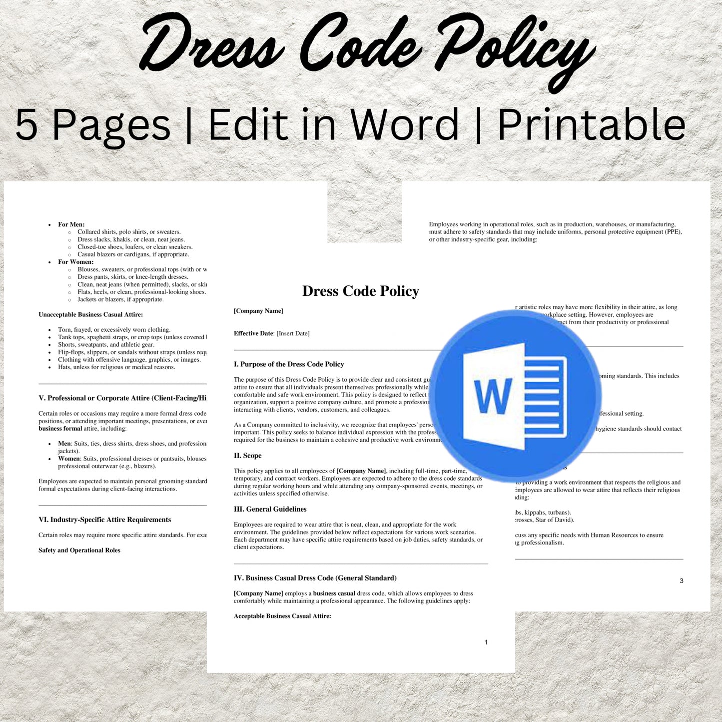 Dress Code Policy Template Editable Employee Dress Code Policy Printable Dress Code Policy Form Human Resources Policies HR Templates