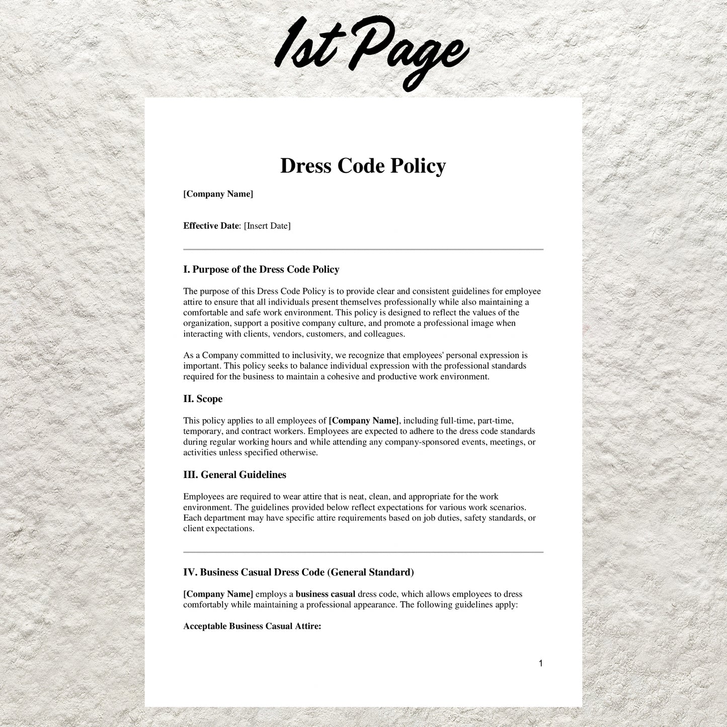 Dress Code Policy Template Editable Employee Dress Code Policy Printable Dress Code Policy Form Human Resources Policies HR Templates