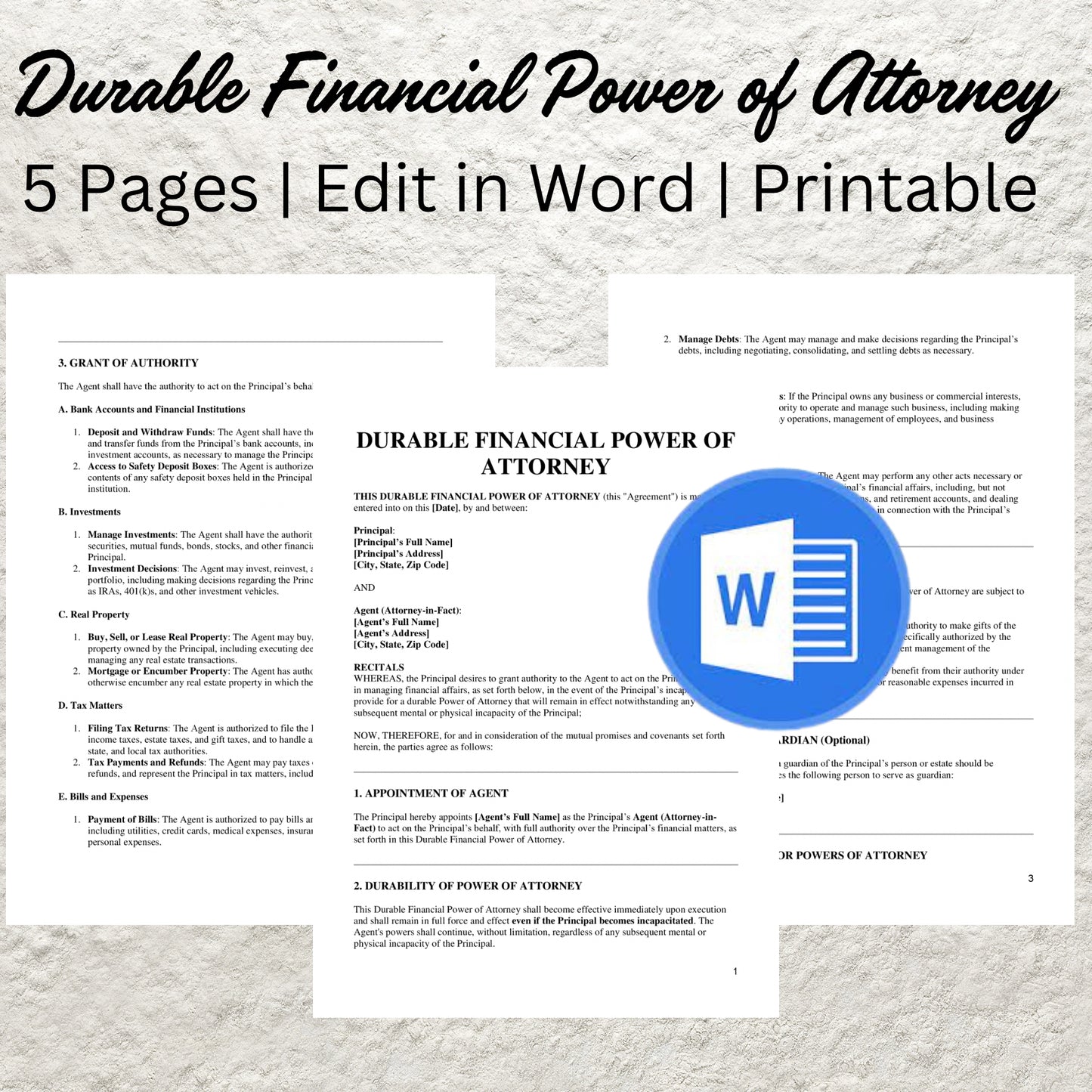 Durable Financial Power of Attorney Form Template Editable POA Form Printable Financial Power of Attorney Form Power of Attorney Agreement