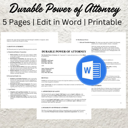 Durable Power of Attorney Form Template Editable General Power of Attorney Printable Durable Power of Attorney Template Durable POA Form