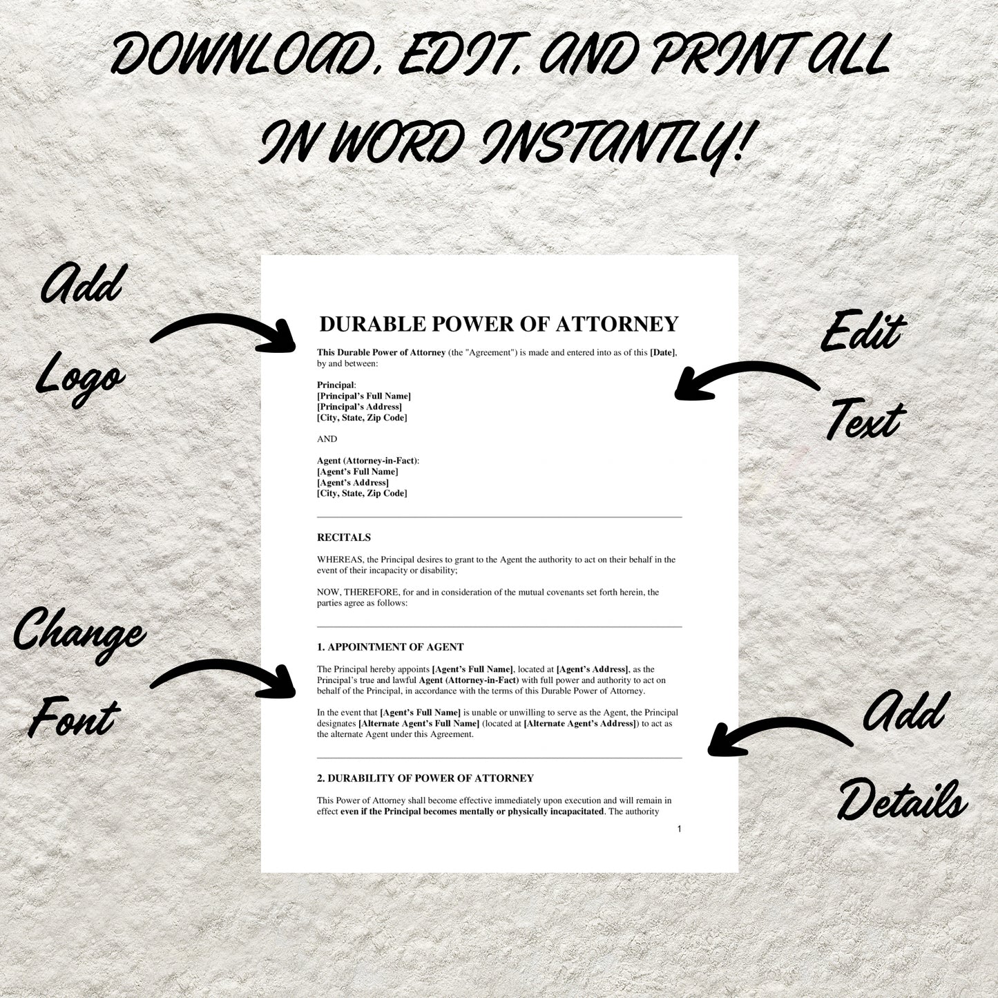 Durable Power of Attorney Form Template Editable General Power of Attorney Printable Durable Power of Attorney Template Durable POA Form