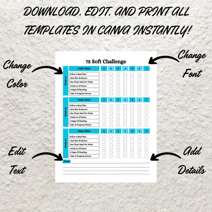 Editable 75 Soft Challenge Tracker Bundle Template Printable 75 Soft Tracker Daily 75 Soft Challenge Journal Habit Tracker Fitness&Health