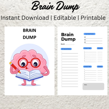 Editable Brain Dump Template Printable ADHD Brain Dump To Do List Productivity Planner Thought Organizer Priority Matrix Thought Journal