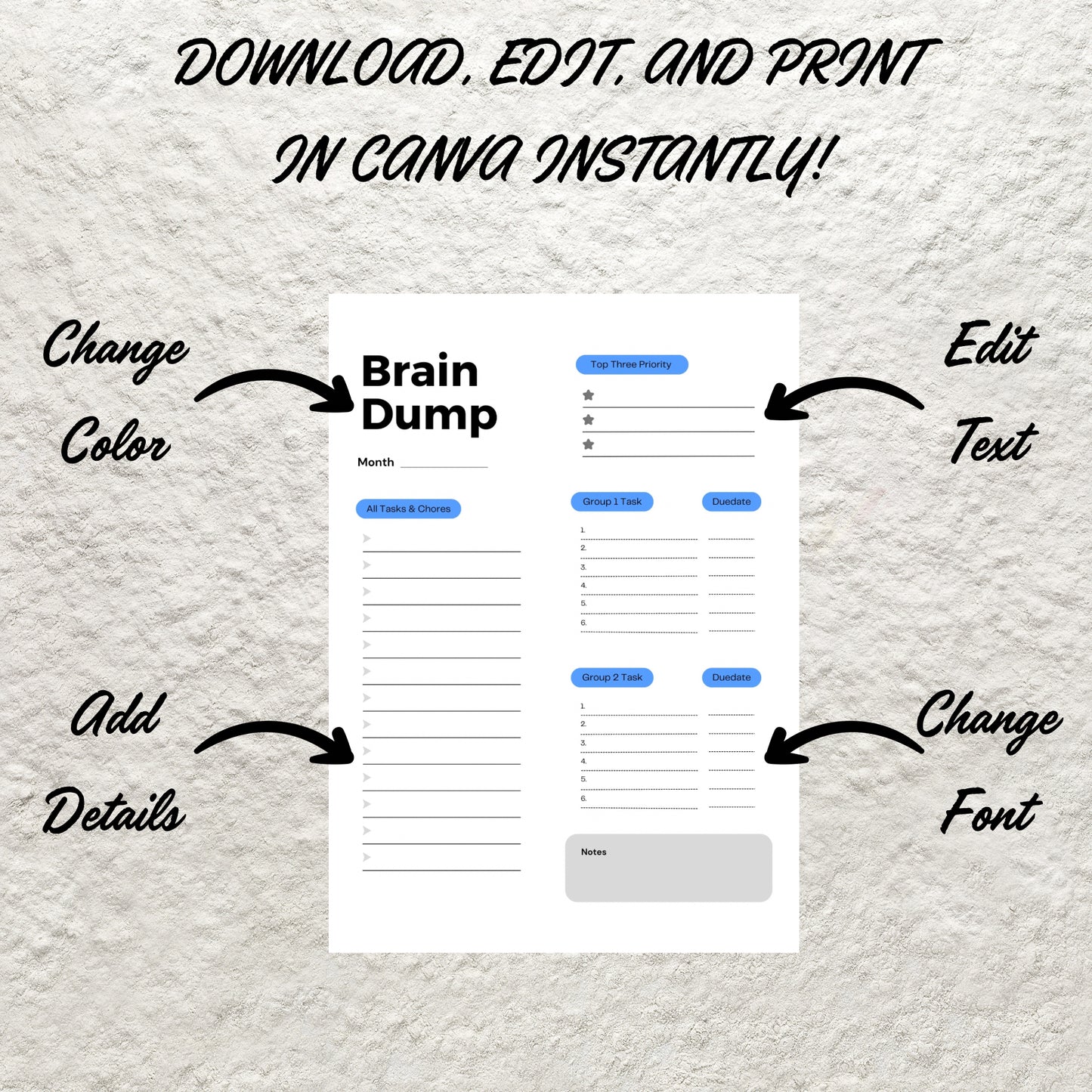 Editable Brain Dump Template Printable ADHD Brain Dump To Do List Productivity Planner Thought Organizer Priority Matrix Thought Journal