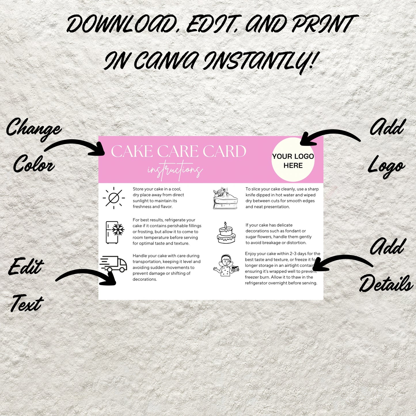 Editable Cake Care Card Canva Template Printable Cake Care Card Instructions Wedding Cake Care Card Guide Cake Small Business Inserts