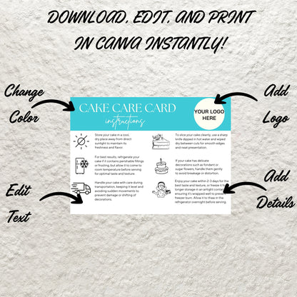 Editable Cake Care Card Canva Template Printable Cake Care Card Instructions Wedding Cake Care Card Guide Cake Small Business Inserts