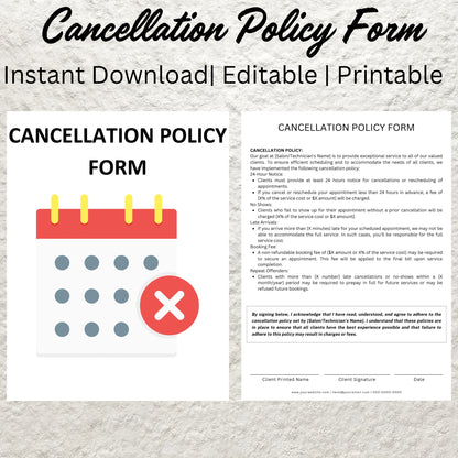 Editable Cancellation Policy Form Template Printable Salon Spa Lash Nail Hair Esthetician Client Appointment Cancellation Policy Form