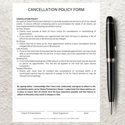 Editable Cancellation Policy Form Template Printable Salon Spa Lash Nail Hair Esthetician Client Appointment Cancellation Policy Form