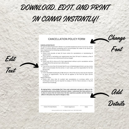 Editable Cancellation Policy Form Template Printable Salon Spa Lash Nail Hair Esthetician Client Appointment Cancellation Policy Form