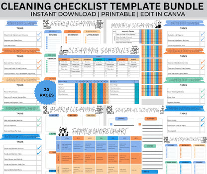 Editable Cleaning Planner Bundle ADHD Cleaning Schedule Cleaning Checklist Weekly Monthly Yearly Household Family Chore Chart List Template