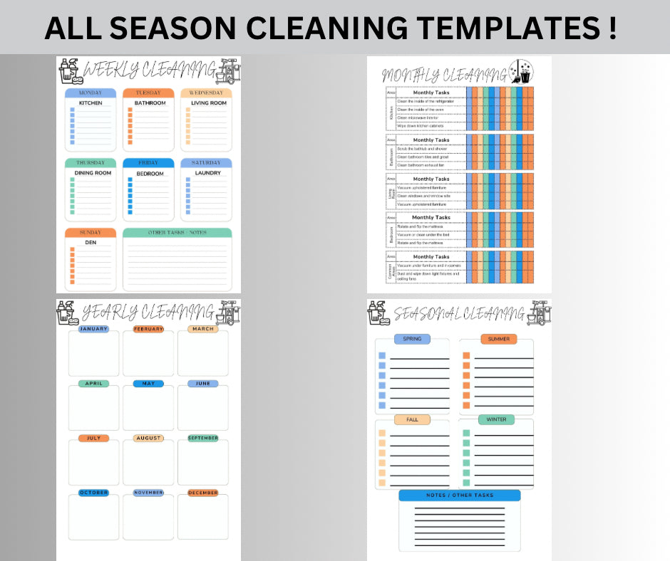 Editable Cleaning Planner Bundle ADHD Cleaning Schedule Cleaning Checklist Weekly Monthly Yearly Household Family Chore Chart List Template