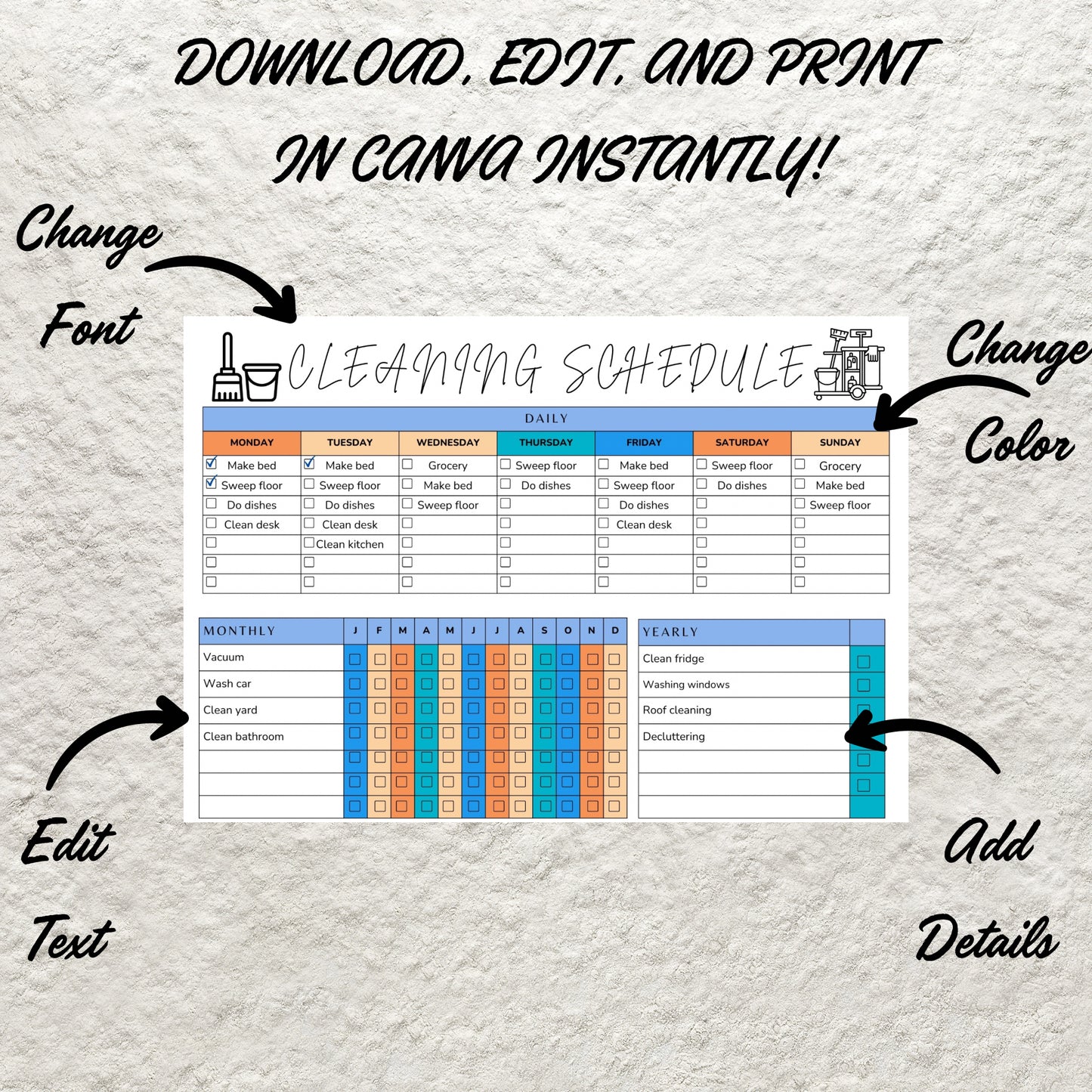 Editable Cleaning Schedule Planner Canva Template Cleaning Checklist ADHD Cleaning Planner Weekly House Chores Household Chore Chart List