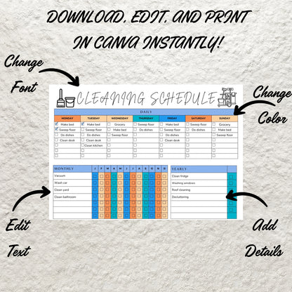 Editable Cleaning Schedule Planner Canva Template Cleaning Checklist ADHD Cleaning Planner Weekly House Chores Household Chore Chart List