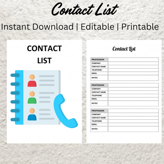 Editable Contact List Template Printable Contact Information List Fillable Address Book Contacts Sheet Organizer Instant Download