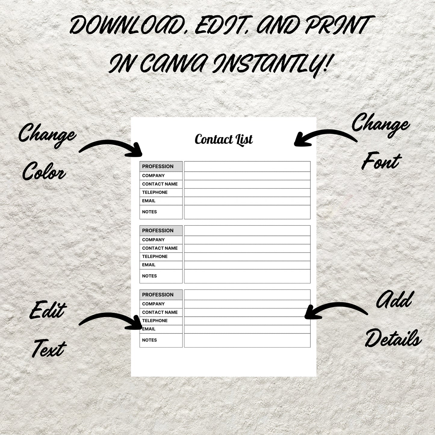 Editable Contact List Template Printable Contact Information List Fillable Address Book Contacts Sheet Organizer Instant Download