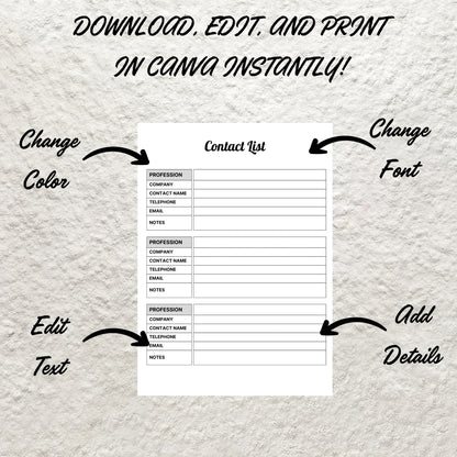 Editable Contact List Template Printable Contact Information List Fillable Address Book Contacts Sheet Organizer Instant Download