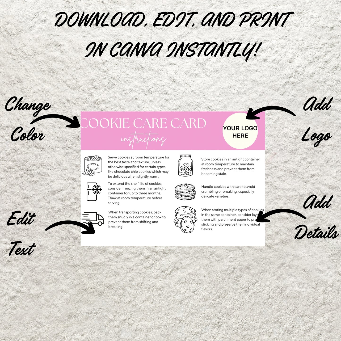 Editable Cookie Care Card Canva Template Cookie Serving Instructions Card Printable Small Business Bakery Cookie Care Card Insert