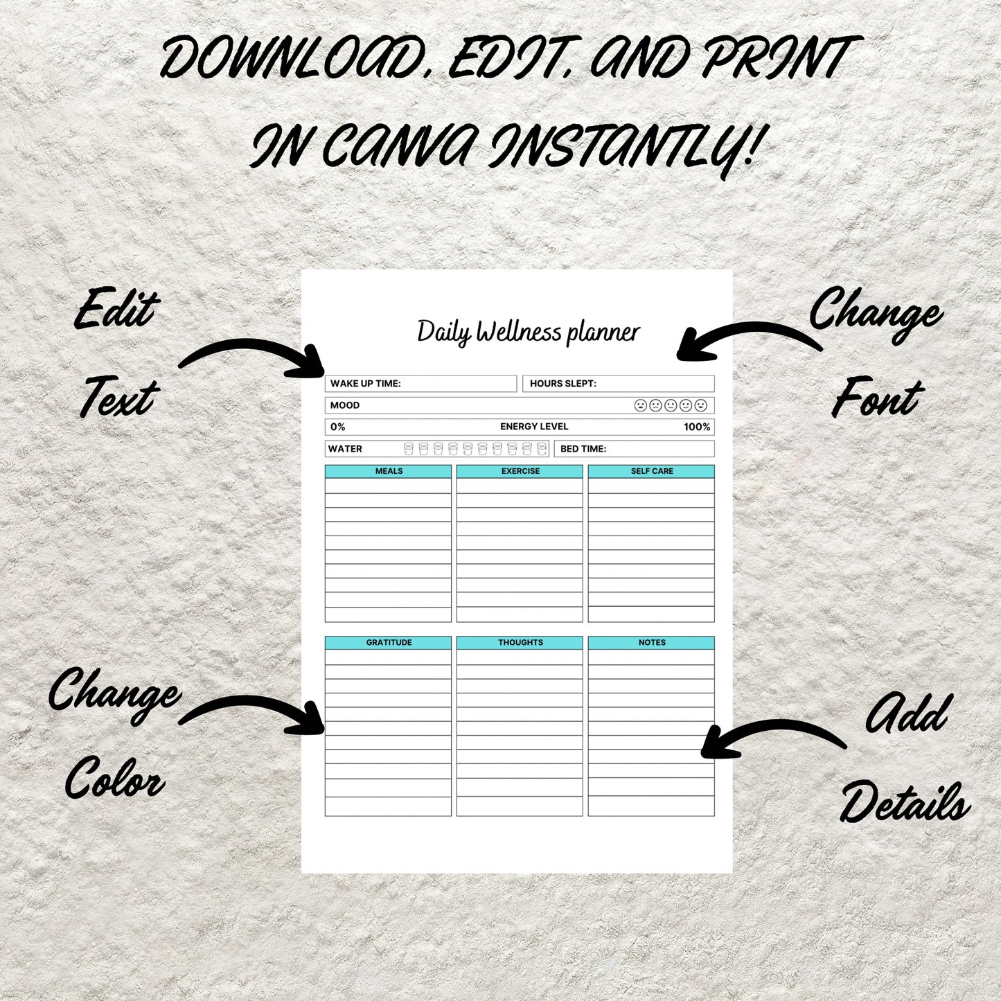 Editable Daily Wellness Planner Template Printable Self Care Routine Journal Wellness Tracker Mental Health Daily Planner Mindfulness Track