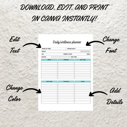 Editable Daily Wellness Planner Template Printable Self Care Routine Journal Wellness Tracker Mental Health Daily Planner Mindfulness Track