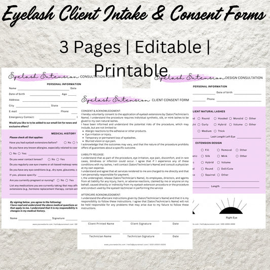 Editable Eyelash Extensions Intake and Lash Consent Forms Template Lash Tech Consultation Client Intake and Consent Form Esthetician Forms