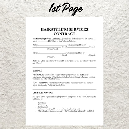 Editable Hairstyling Contract Template Printable Bridal Wedding Hairstyling Service Agreement Bridal Hair Services Contract Hairstylist Form