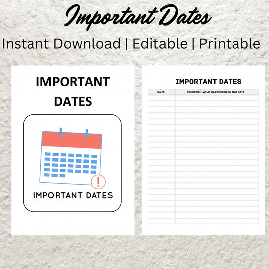 Editable Important Dates Tracker Template Printable Yearly Important Dates Planner Birthdays Anniversaries Doctor Appointment Visits Journal