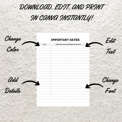 Editable Important Dates Tracker Template Printable Yearly Important Dates Planner Birthdays Anniversaries Doctor Appointment Visits Journal