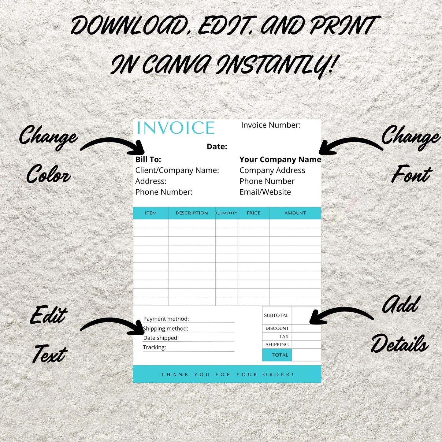 Editable Invoice Template Small Business Modern Invoice Receipt Form Template Billing Template Instant Download Printable