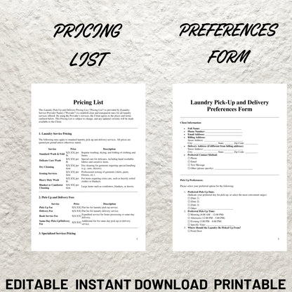 Editable Laundry Pick Up & Delivery Services Forms Template Bundle Pick Up and Delivery Laundry Service Pricing Quote Linen Laundry Business